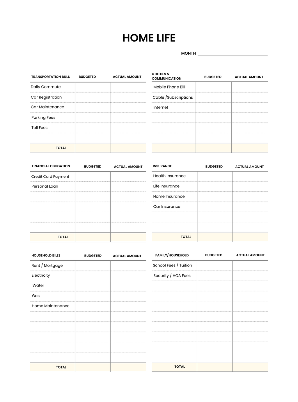 Home life budget sheet with categories like transportation, utilities, financial obligations, and home expenses.