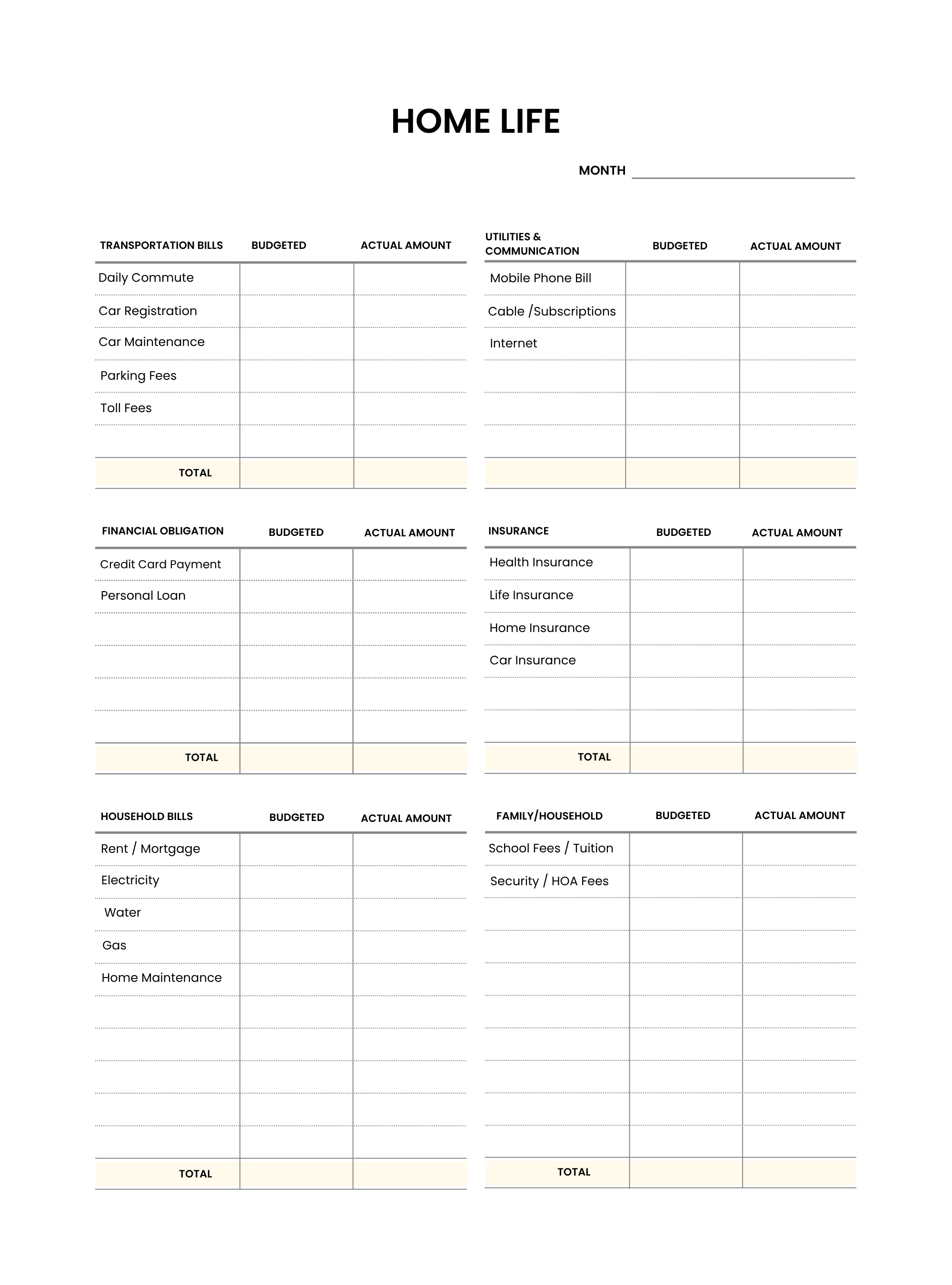 Home life budget sheet with categories like transportation, utilities, financial obligations, and home expenses.