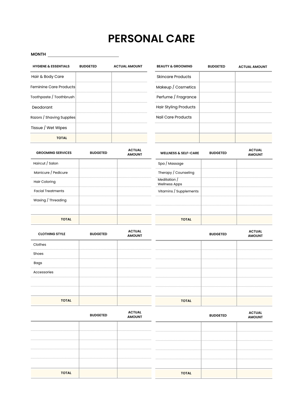 Personal care budgeting sheet with columns for budgeted, actual amount, and categories.