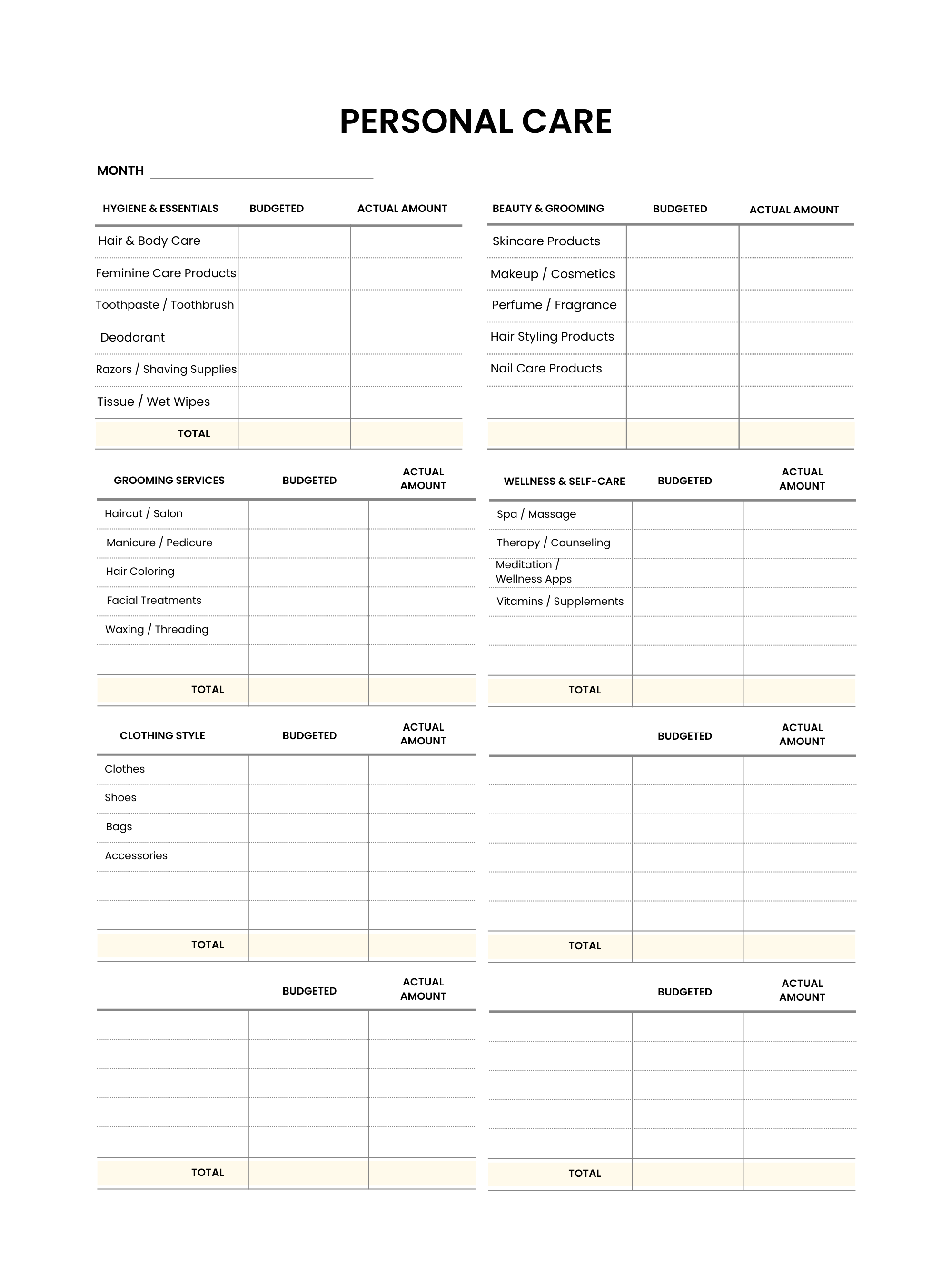 Personal care budgeting sheet with columns for budgeted, actual amount, and categories.
