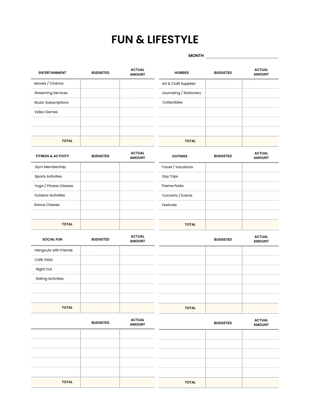 Blank budget sheet for entertainment, fitness, and lifestyle expenses with columns for budgeted and actual amounts.
