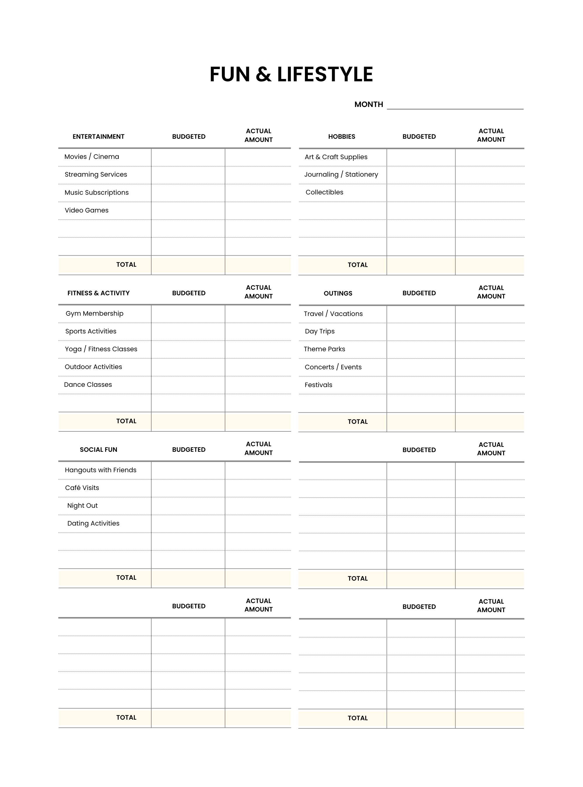 Blank budget sheet for entertainment, fitness, and lifestyle expenses with columns for budgeted and actual amounts.