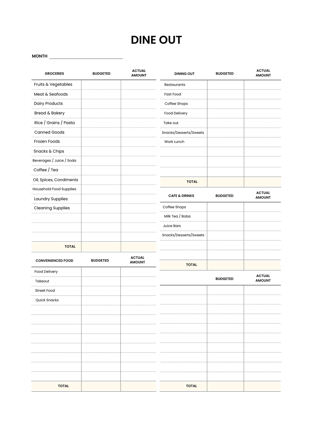 Dine Out budgeting sheet with categories and columns for budgeted and actual amounts.