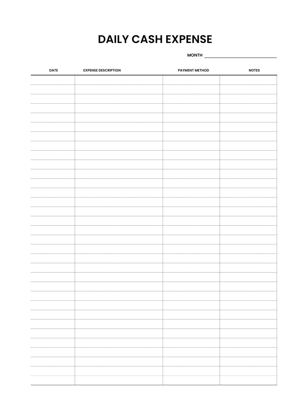 Blank daily cash expense sheet with columns for date, expense description, payment method, and notes.