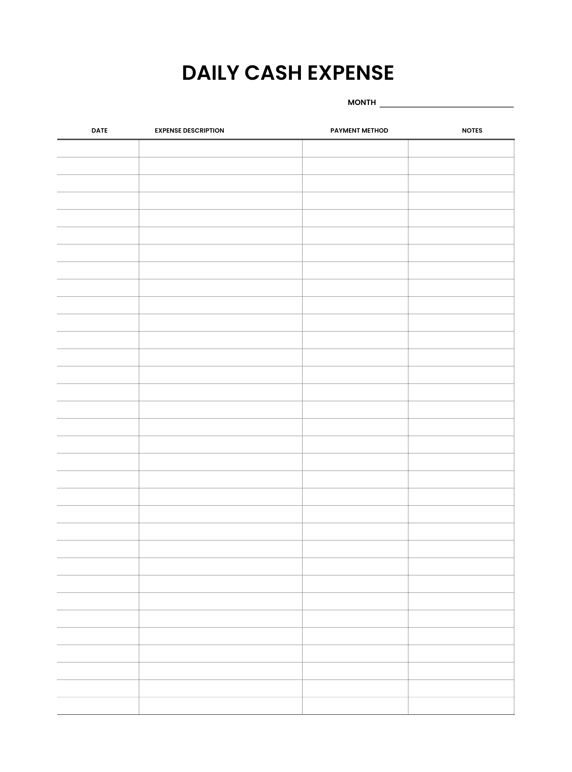 Blank daily cash expense sheet with columns for date, expense description, payment method, and notes.